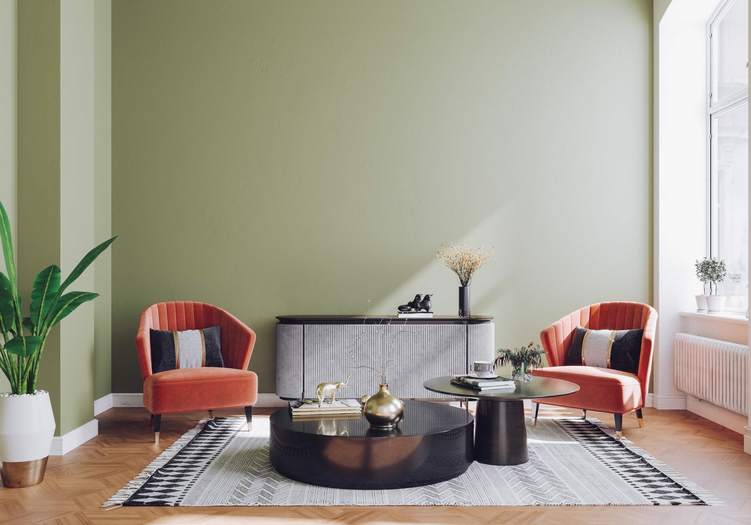 Modern mid century living room interior with pastel colors.