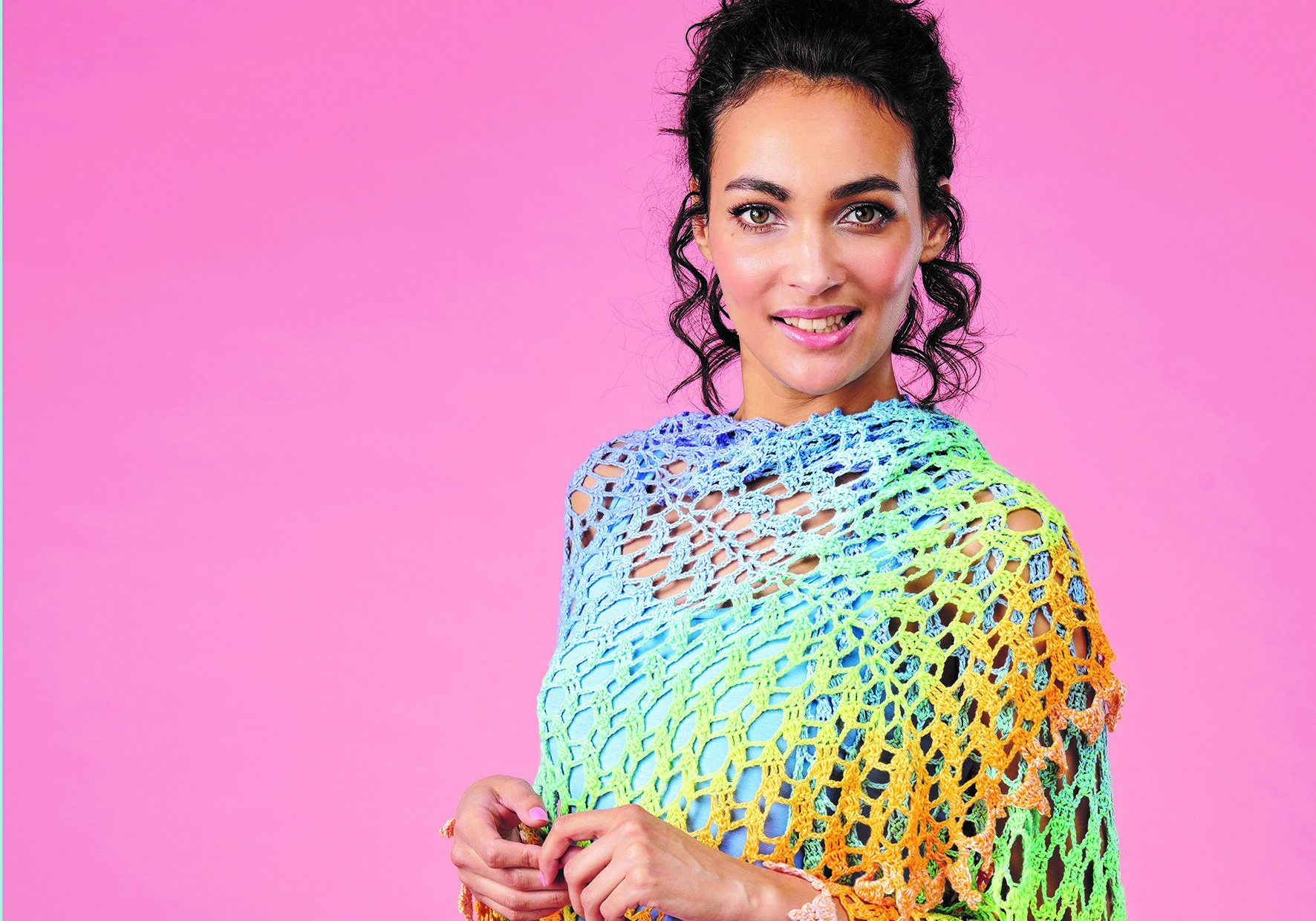 crochet story shot on model in the studio